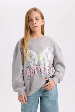 Kız Çocuk Gri Oversize Geniş Kalıp Bisiklet Yaka Sırt Baskılı Sweatshirt