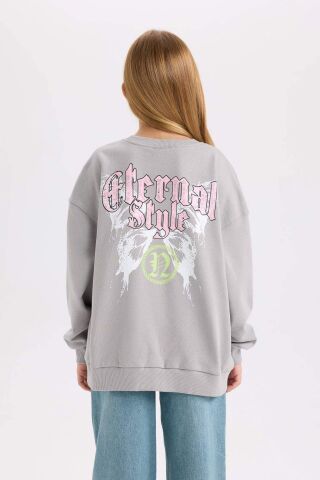 Kız Çocuk Gri Oversize Geniş Kalıp Bisiklet Yaka Sırt Baskılı Sweatshirt