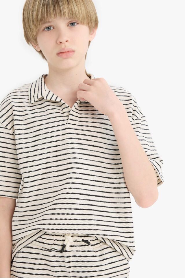 Erkek Çocuk 2'li Takım Çizgili Kısa Kollu Polo Tişört Beli Lastikli Şort