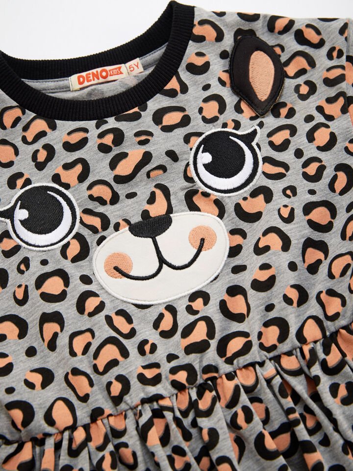 Leopar Desenli Gri Kız Çocuk Elbise 6 Y - Gri, Turuncu