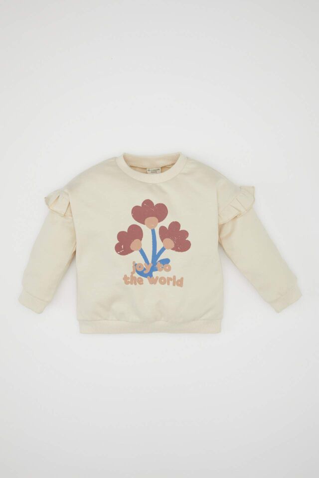 Kız Bebek Bisiklet Yaka Çiçek Baskılı İçi Yumuşak Tüylü Sweatshirt