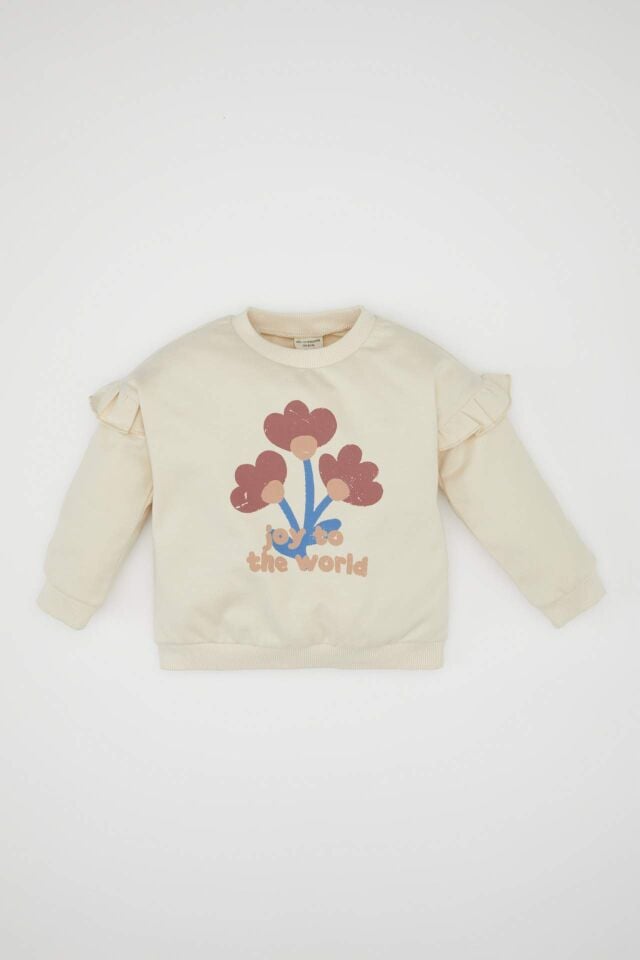 Kız Bebek Bisiklet Yaka Çiçek Baskılı İçi Yumuşak Tüylü Sweatshirt