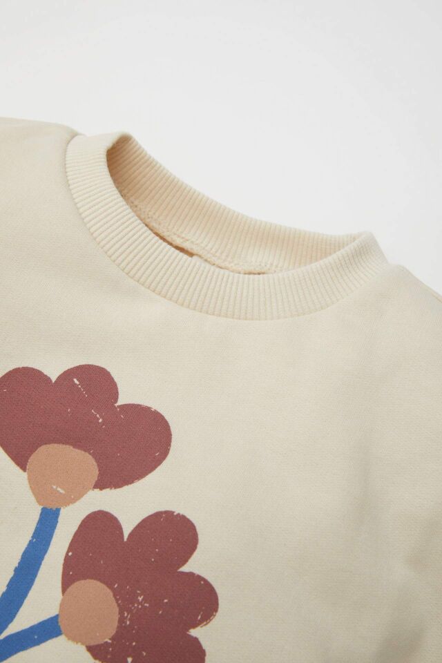 Kız Bebek Bisiklet Yaka Çiçek Baskılı İçi Yumuşak Tüylü Sweatshirt