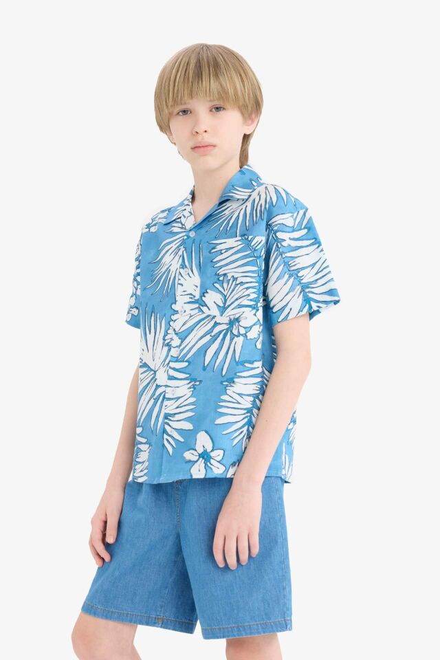 Erkek Çocuk Oversize Geniş Kalıp Polo Yaka Desenli Kısa Kollu Gömlek