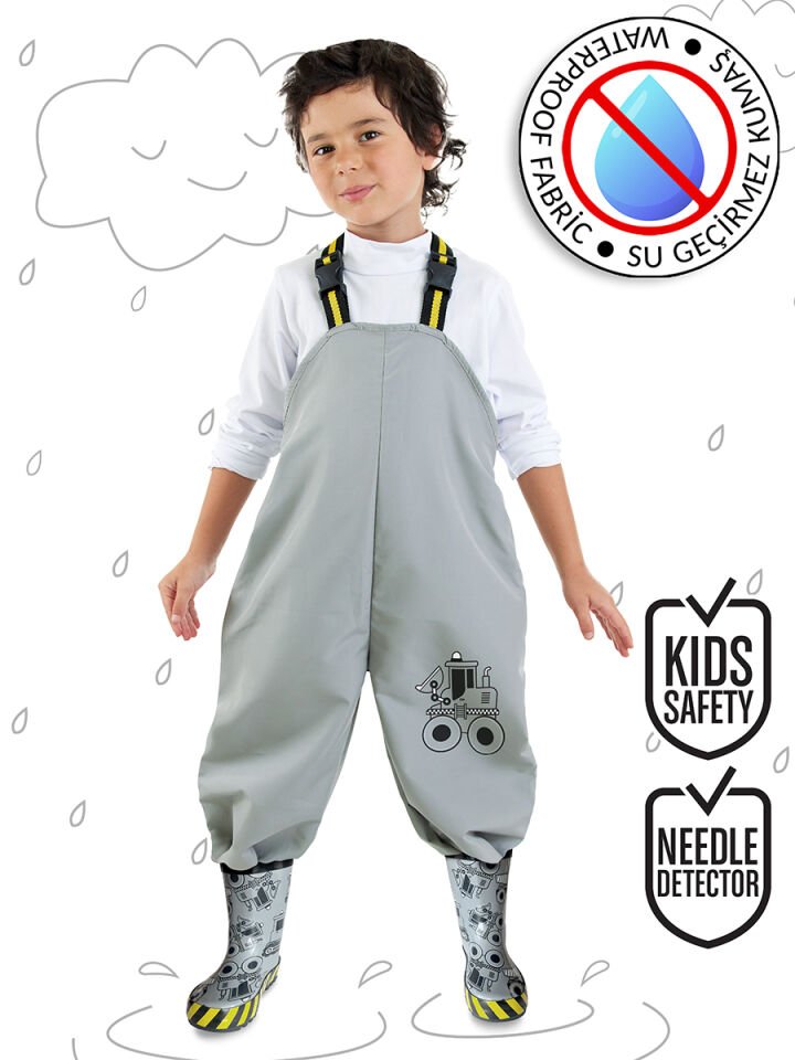 İnşaat Aracı Erkek Çocuk Su Geçirmez Yağmur Tulumu 7-8 Y - Gri