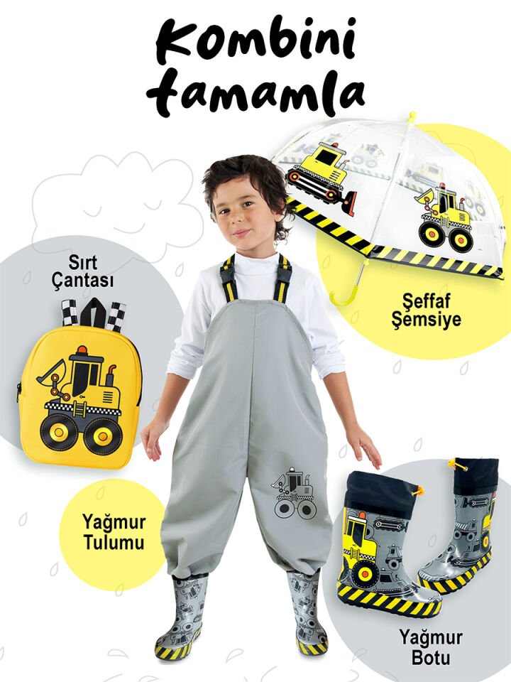 İnşaat Aracı Erkek Çocuk Su Geçirmez Yağmur Tulumu 7-8 Y - Gri
