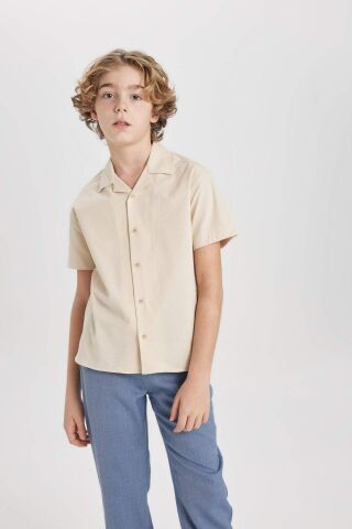 Erkek Çocuk Oversize Geniş Kalıp Polo Yaka Gofre Dokulu Kısa Kollu Gömlek