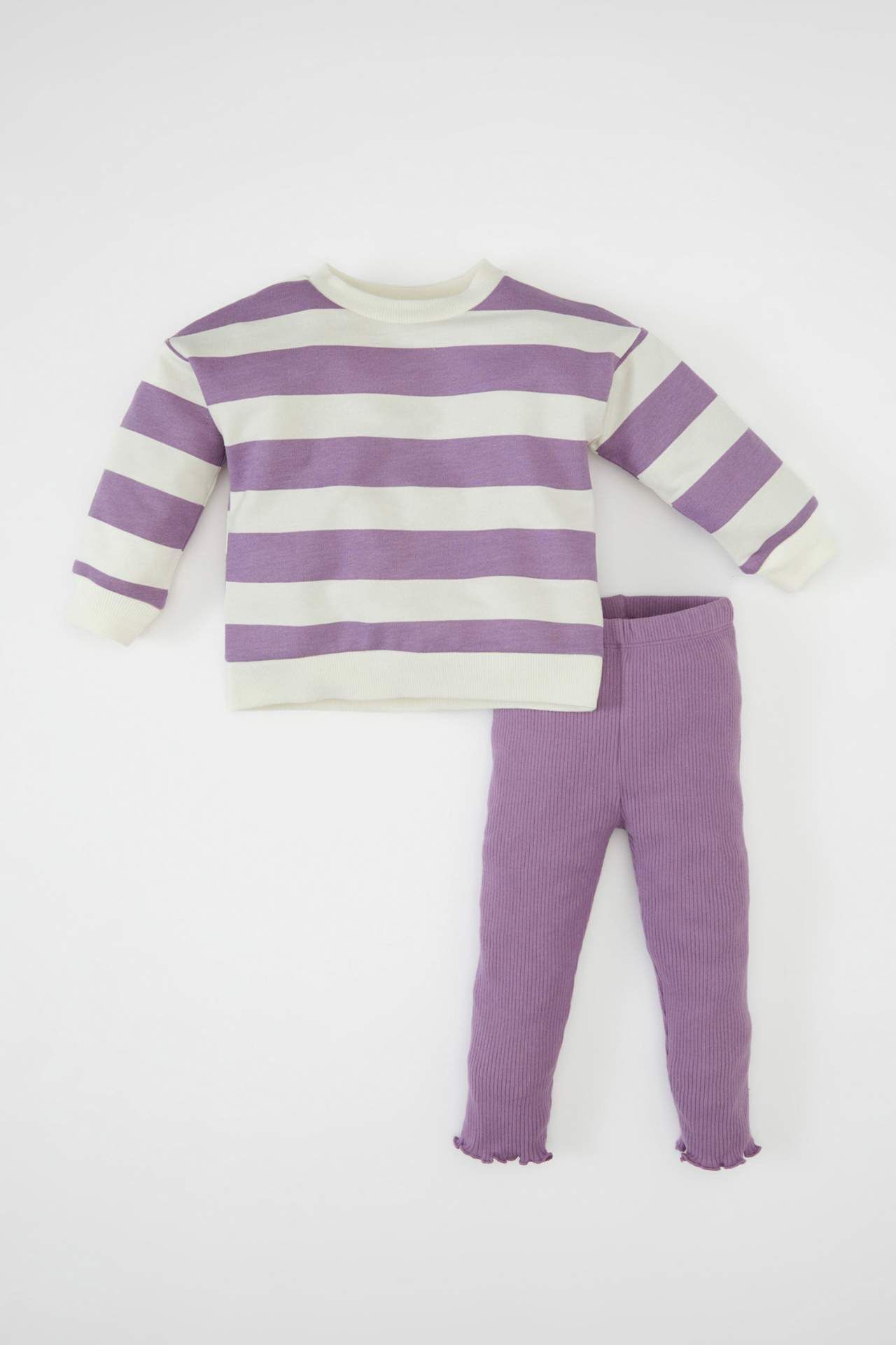 Kız Bebek 2'li Takım Çizgili Bisiklet Yaka Sweatshirt Beli Lastikli Tayt