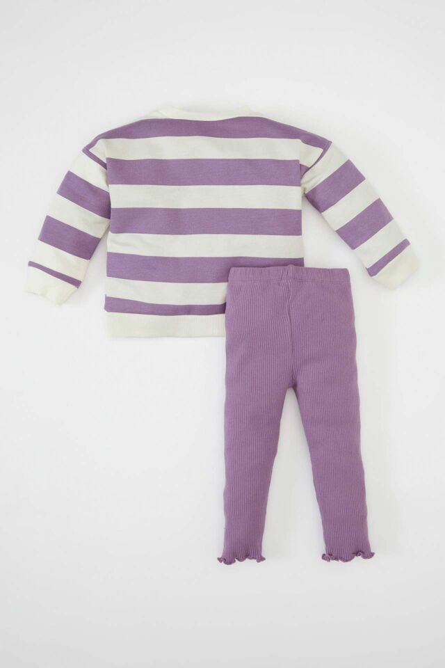 Kız Bebek 2'li Takım Çizgili Bisiklet Yaka Sweatshirt Beli Lastikli Tayt