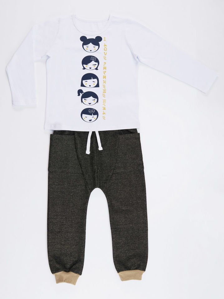 Japon Parçalı Kız Çocuk T-shirt Pantolon Takım 6 Y - Beyaz Gri