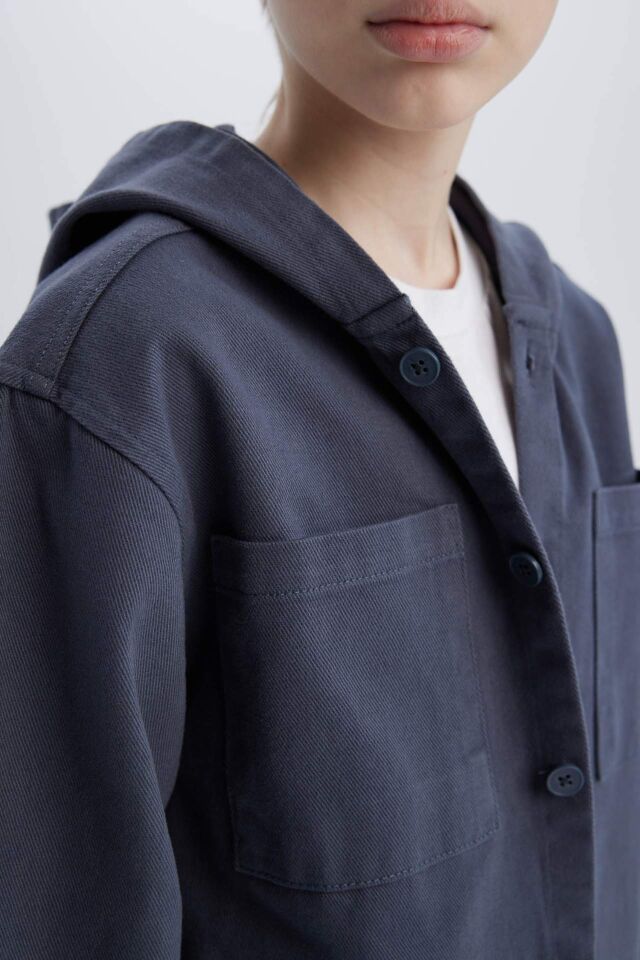 Erkek Çocuk Oversize Geniş Kalıp Kapüşonlu Gabardin Uzun Kollu Gömlek