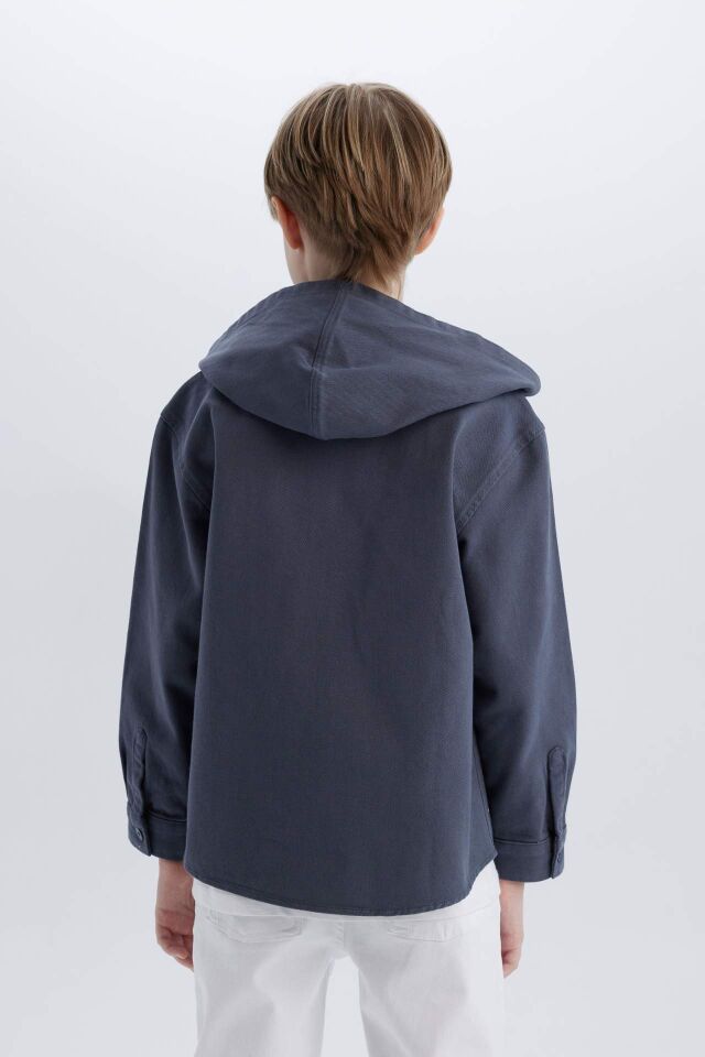 Erkek Çocuk Oversize Geniş Kalıp Kapüşonlu Gabardin Uzun Kollu Gömlek
