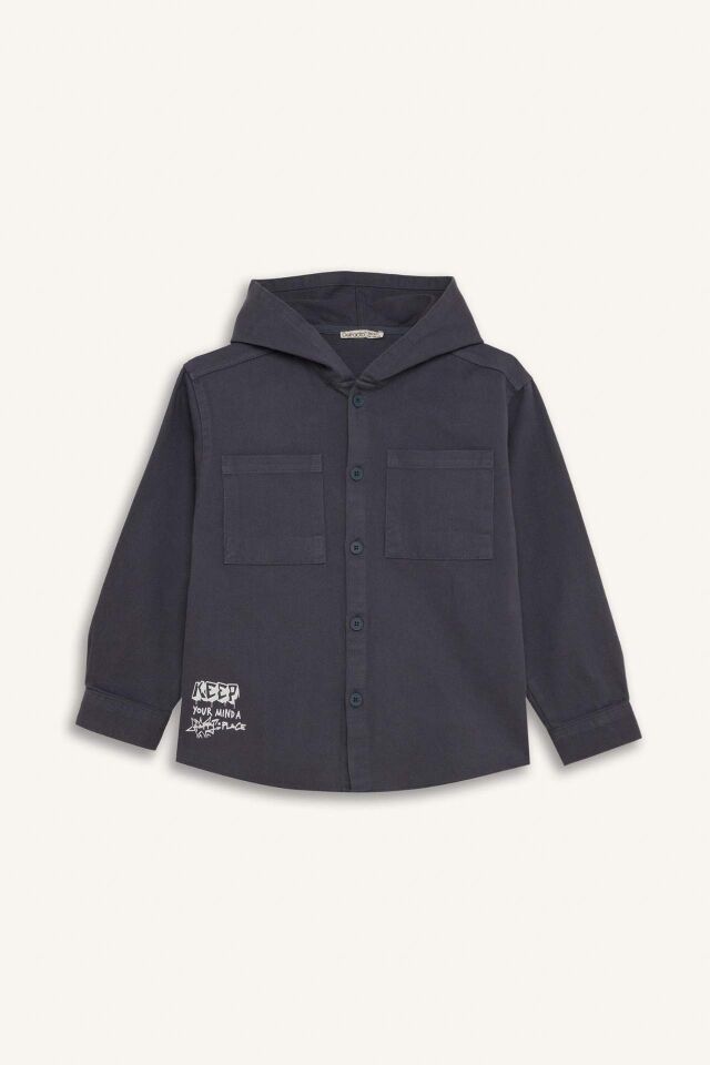 Erkek Çocuk Oversize Geniş Kalıp Kapüşonlu Gabardin Uzun Kollu Gömlek