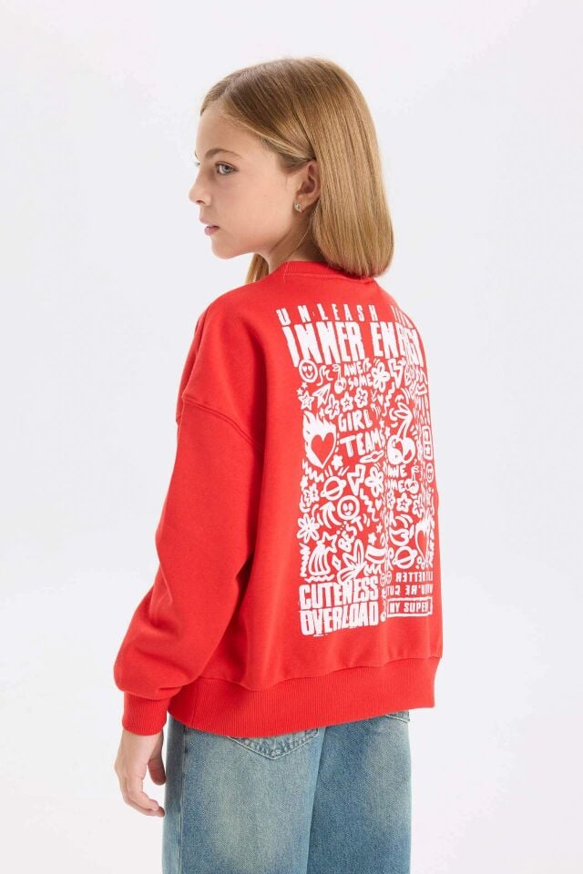 Kız Çocuk Oversize Geniş Kalıp Bisiklet Yaka Sırt Baskılı Sweatshirt