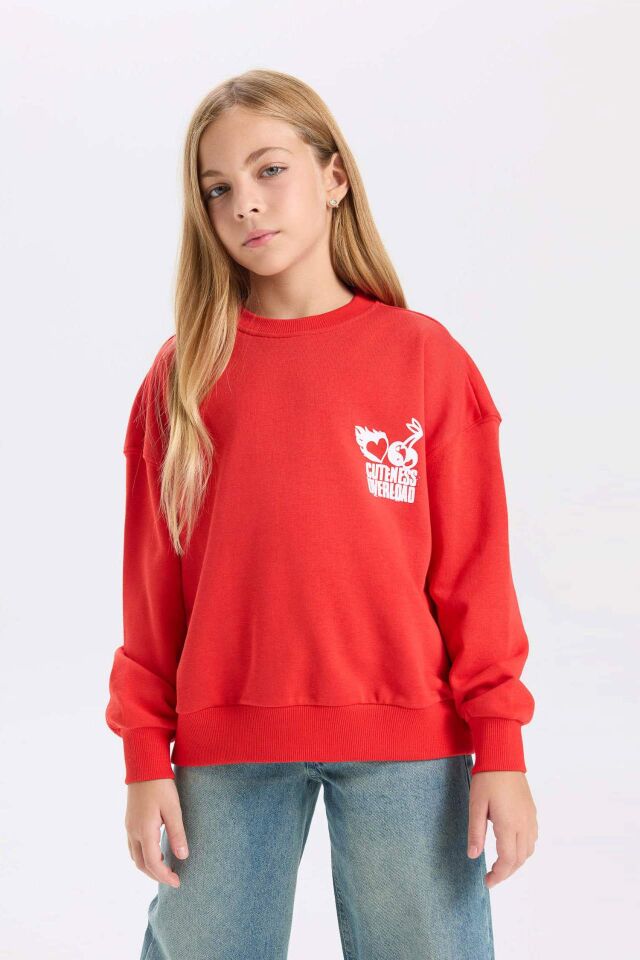 Kız Çocuk Oversize Geniş Kalıp Bisiklet Yaka Sırt Baskılı Sweatshirt