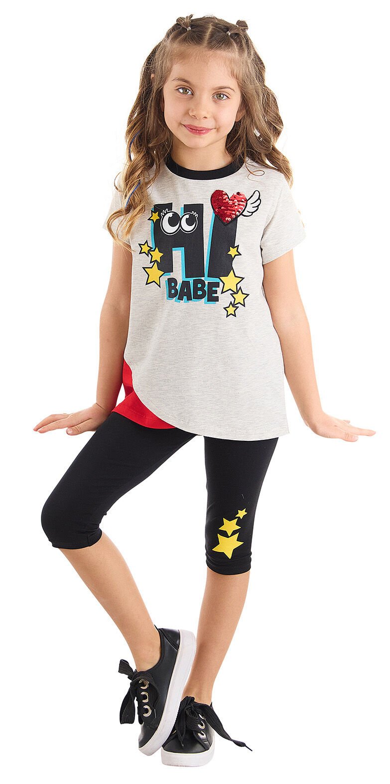 Hi Babe Kız Çocuk T-shirt Tayt Takım 6 Y - Gri, Kırmızı, Siyah