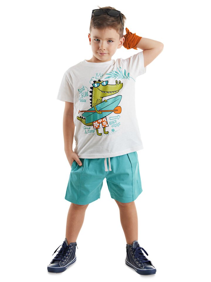 Timsah Erkek Çocuk T-shirt Gabardin Şort Takım 8 Y - Mavi, Beyaz