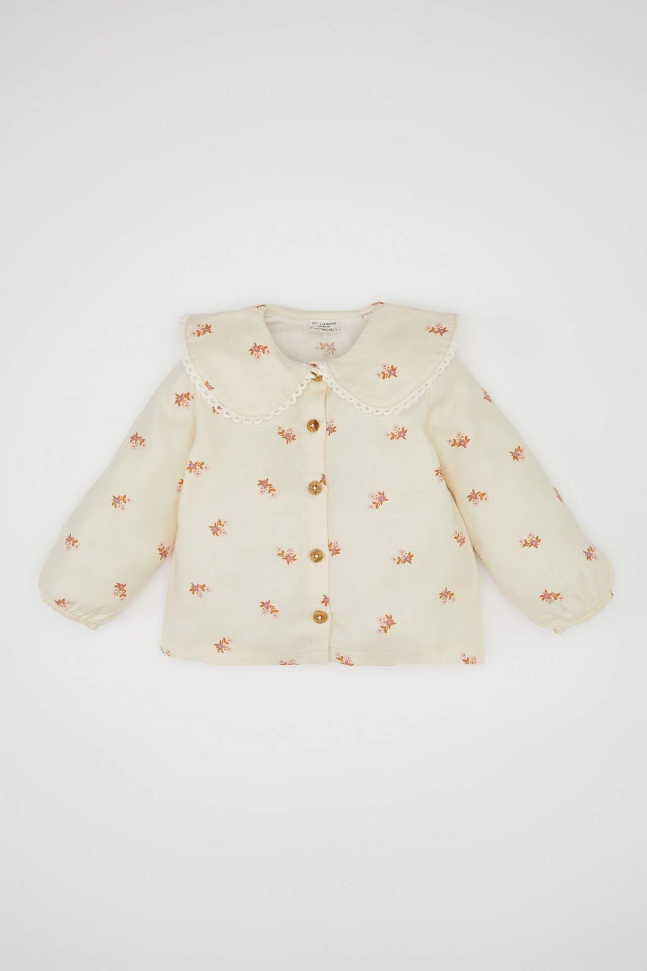 Kız Bebek Büyük Yaka Çiçek Desenli Düğmeli Twill Uzun Kollu Gömlek