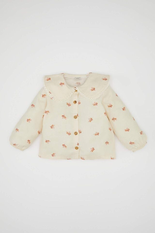 Kız Bebek Büyük Yaka Çiçek Desenli Düğmeli Twill Uzun Kollu Gömlek