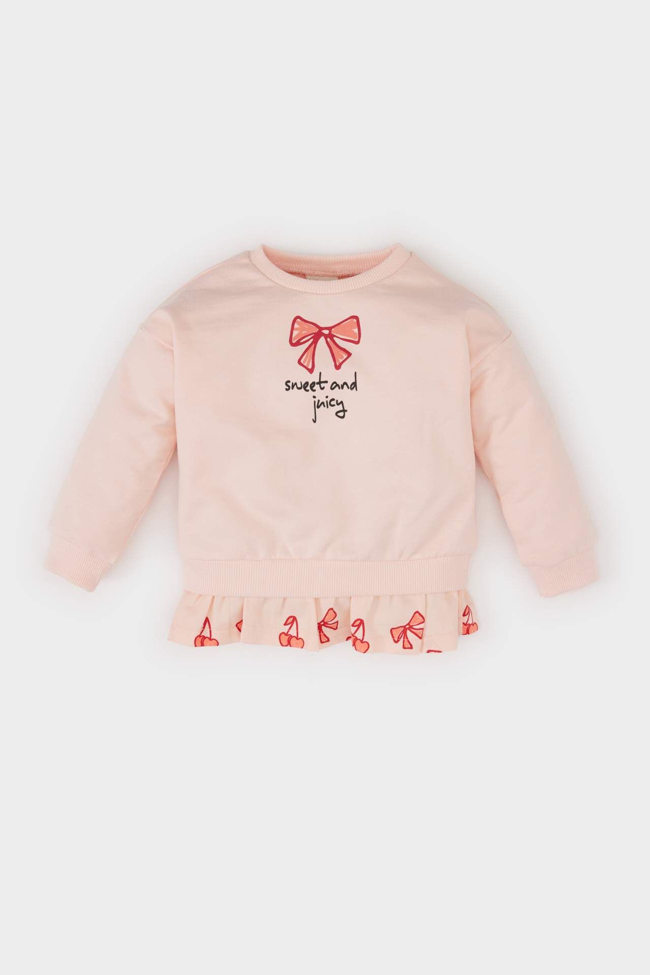 Kız Bebek Bisiklet Yaka Baskılı İçi Yumuşak Tüylü Sweatshirt