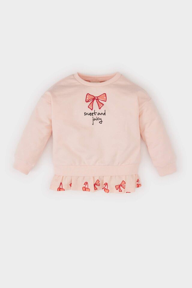 Kız Bebek Bisiklet Yaka Baskılı İçi Yumuşak Tüylü Sweatshirt