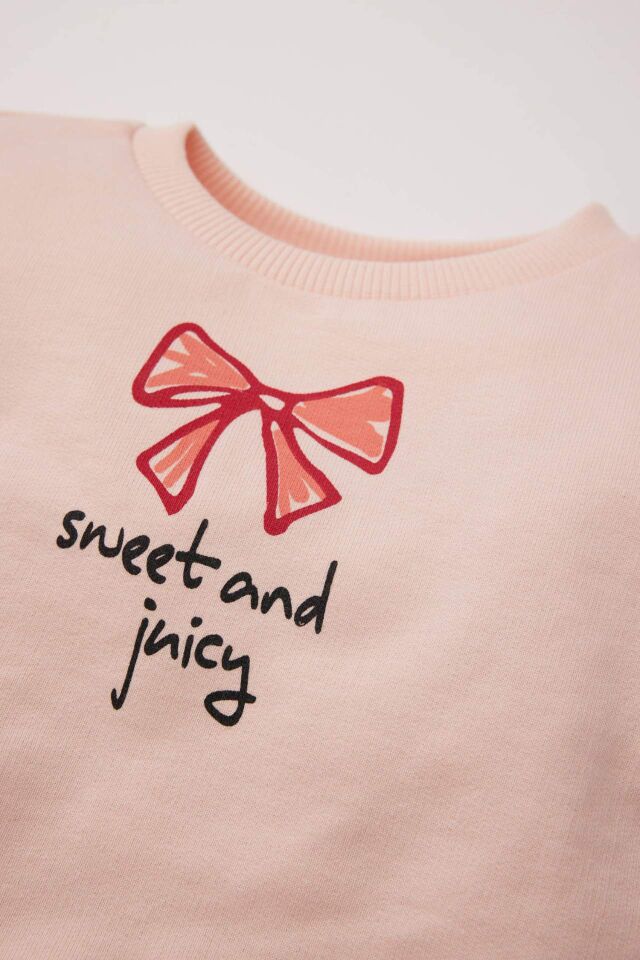 Kız Bebek Bisiklet Yaka Baskılı İçi Yumuşak Tüylü Sweatshirt