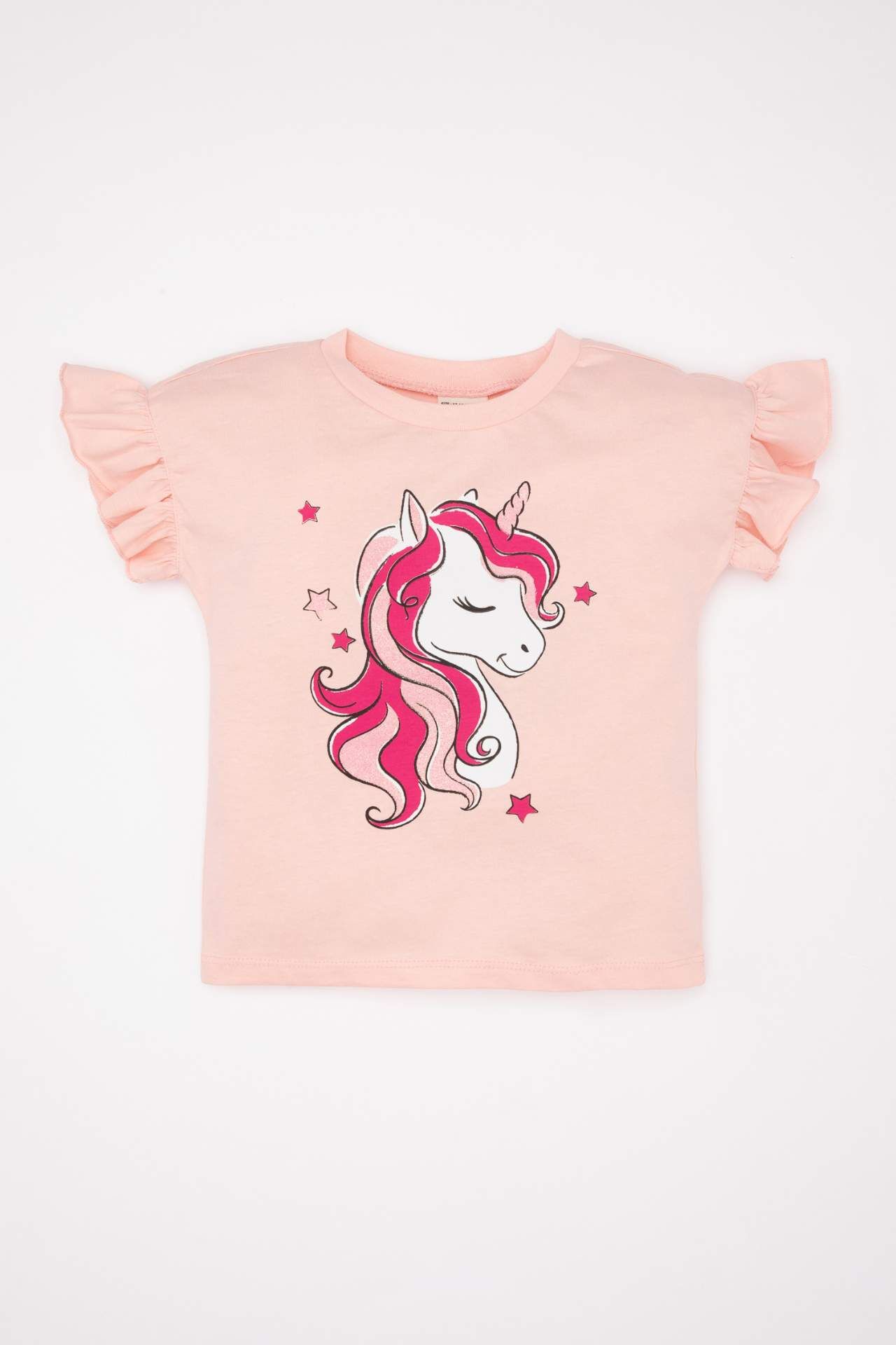 Kız Bebek Bisiklet Yaka Unicorn Baskılı Kısa Kollu Tişört