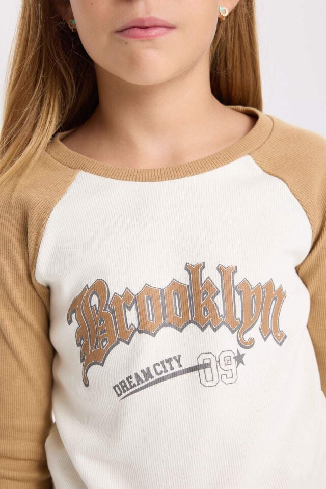 Kız Çocuk Crop Bisiklet Yaka Baskılı Fitilli Kaşkorse Uzun Kollu Tişört