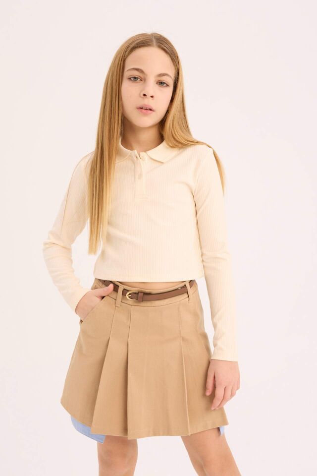 Kız Çocuk Ribana Uzun Kollu Basic Düz Polo Tişört