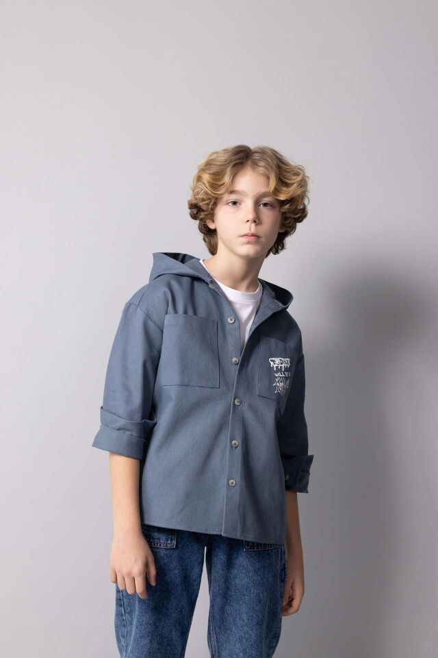 Erkek Çocuk Kapüşonlu Gabardin Uzun Kollu Gömlek