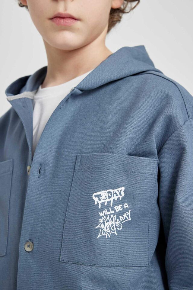 Erkek Çocuk Kapüşonlu Gabardin Uzun Kollu Gömlek