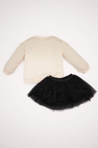 Kız Bebek 2'li Takım Bisiklet Yaka Parlak Baskılı Sweatshirt Tütü Etek