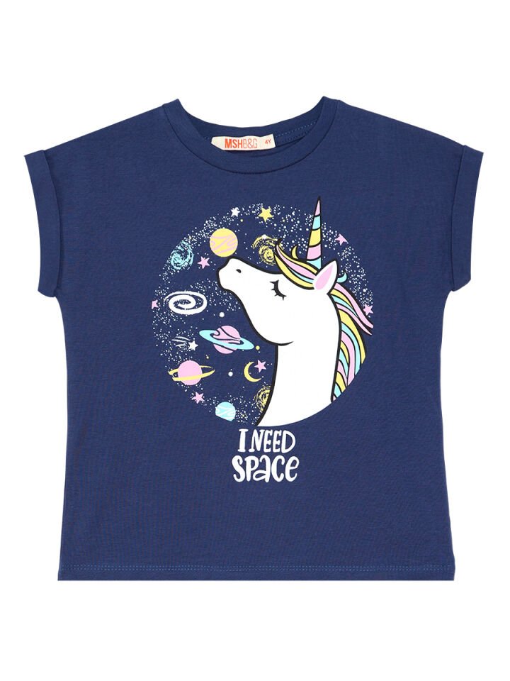 Uzayda Unicorn Kız T-shirt Şort Takım 8 Y - Pembe, Lacivert