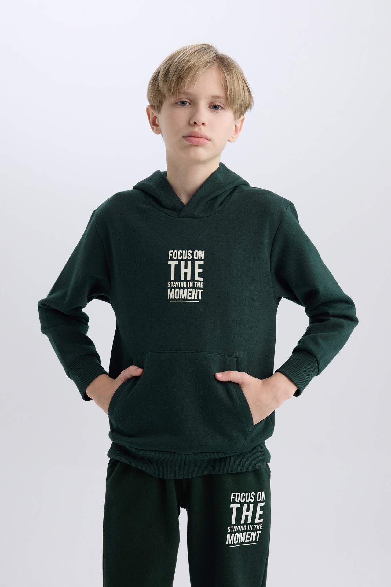 Erkek Çocuk Cepli Yazı Baskılı Kapüşonlu Kalın Okul Sweatshirt