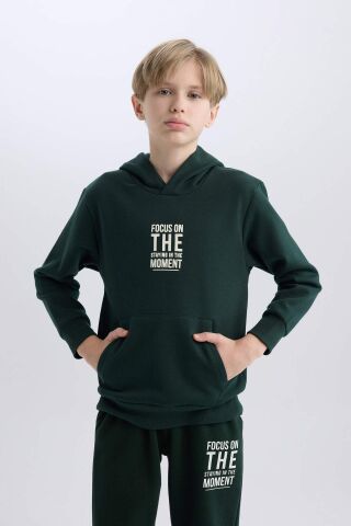 Erkek Çocuk Cepli Yazı Baskılı Kapüşonlu Kalın Okul Sweatshirt