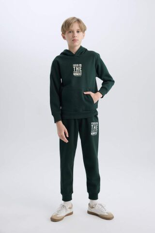 Erkek Çocuk Cepli Yazı Baskılı Kapüşonlu Kalın Okul Sweatshirt