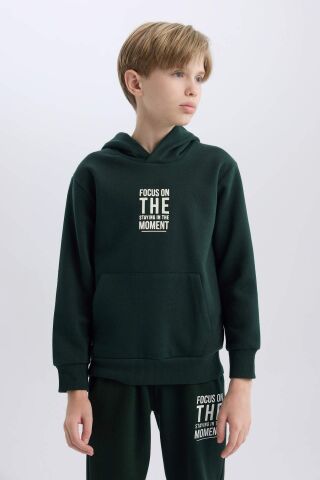 Erkek Çocuk Cepli Yazı Baskılı Kapüşonlu Kalın Okul Sweatshirt