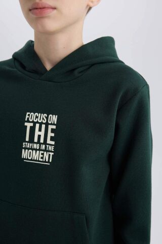 Erkek Çocuk Cepli Yazı Baskılı Kapüşonlu Kalın Okul Sweatshirt