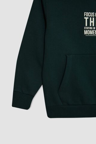 Erkek Çocuk Cepli Yazı Baskılı Kapüşonlu Kalın Okul Sweatshirt