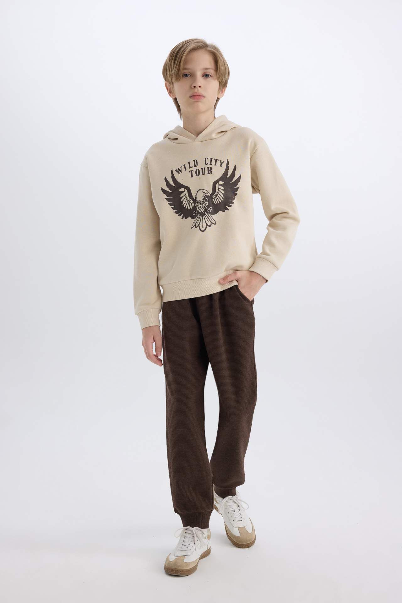 Erkek Çocuk 2'li Takım Kapüşonlu Baskılı Kalın Sweatshirt Beli Lastikli Eşofman Altı