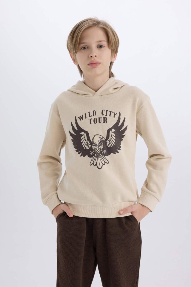 Erkek Çocuk 2'li Takım Kapüşonlu Baskılı Kalın Sweatshirt Beli Lastikli Eşofman Altı
