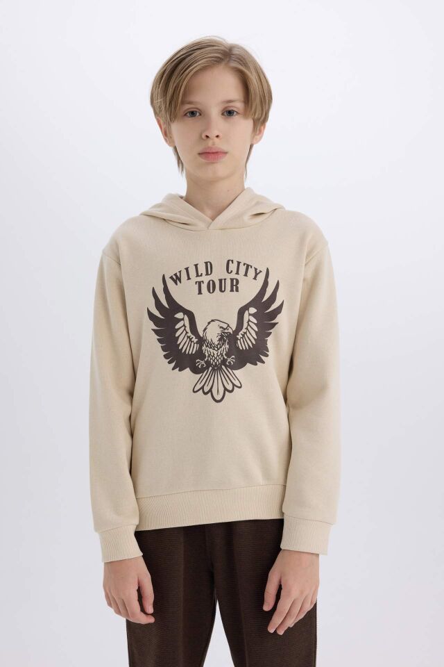 Erkek Çocuk 2'li Takım Kapüşonlu Baskılı Kalın Sweatshirt Beli Lastikli Eşofman Altı