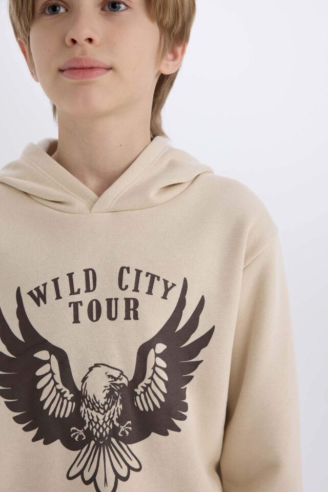 Erkek Çocuk 2'li Takım Kapüşonlu Baskılı Kalın Sweatshirt Beli Lastikli Eşofman Altı