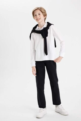 Erkek Çocuk Düz Paça Cepli Siyah Basic Düz Gabardin Okul Pantolonu