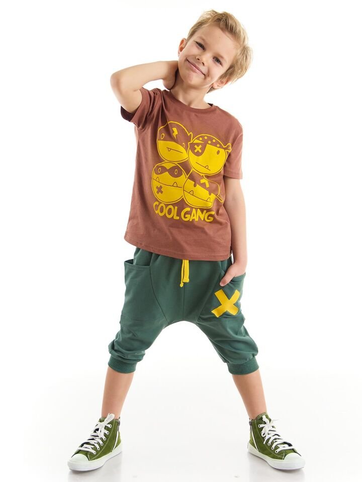 Cool Gang Erkek Çocuk T-shirt Kapri Şort Takım 6 Y - Haki, Kahverengi