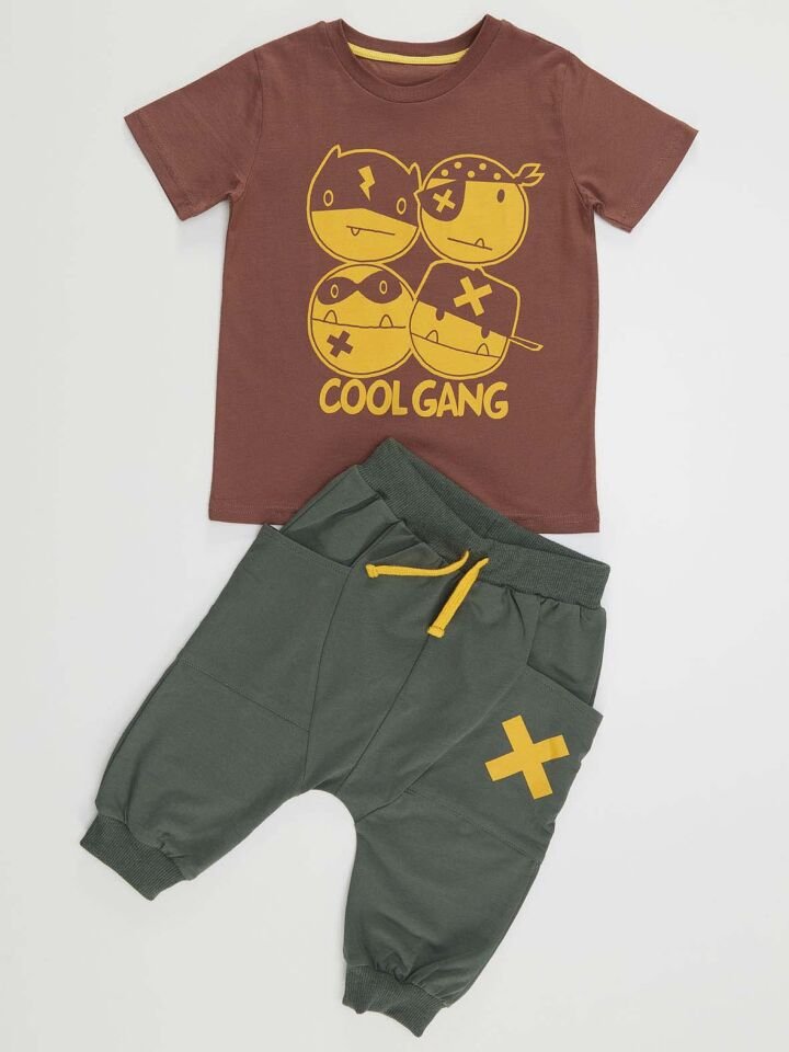 Cool Gang Erkek Çocuk T-shirt Kapri Şort Takım 6 Y - Haki, Kahverengi