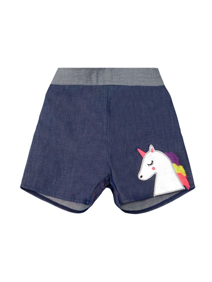 Renkli Püsküllü Unicorn Kız Bluz Denim Şort Takım 6 Y - Lacivert, Beyaz