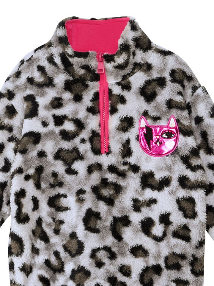 Leoparlı Kız Çocuk Peluş Sweatshirt 6 Y - Gri, Siyah