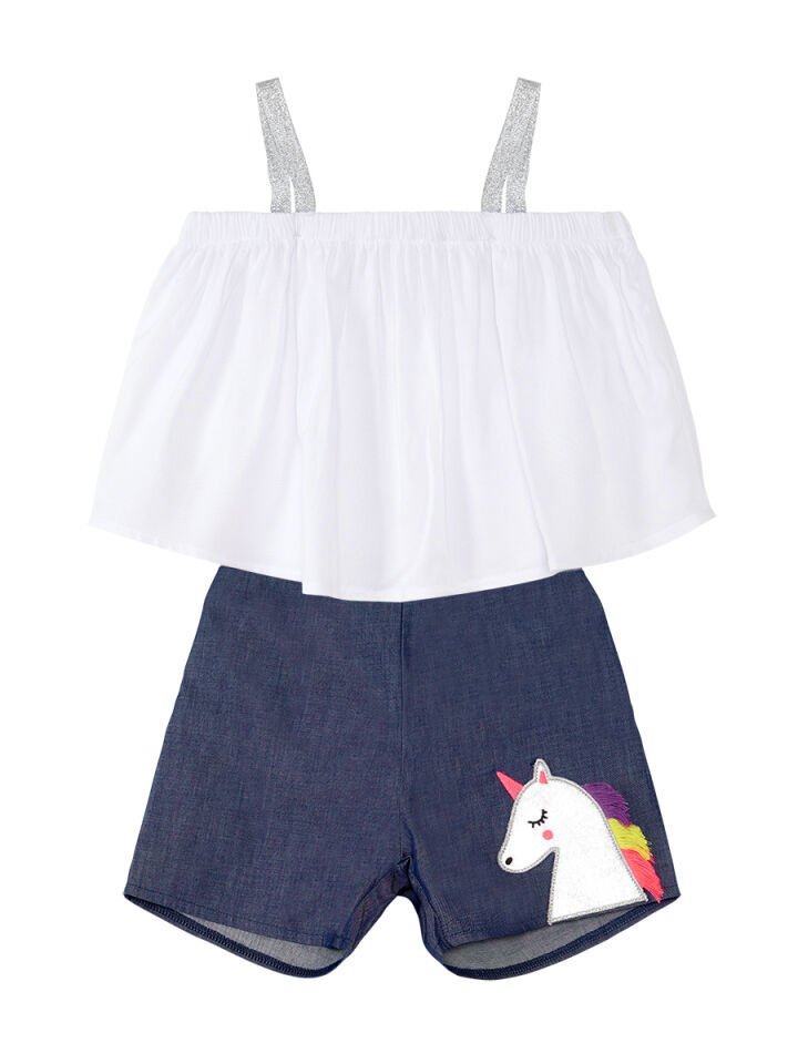 Renkli Püsküllü Unicorn Kız Bluz Denim Şort Takım 7 Y - Lacivert, Beyaz