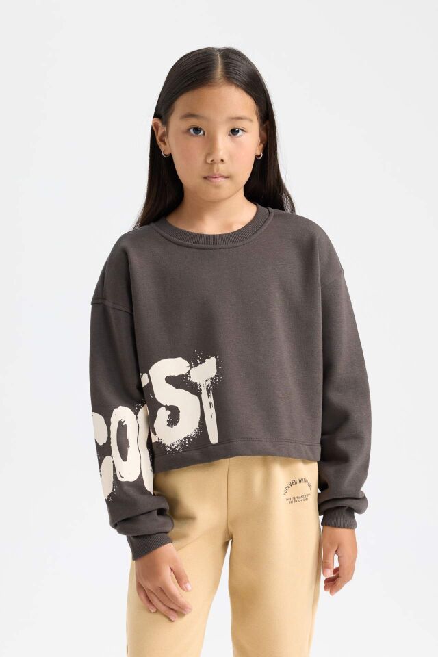 Kız Çocuk Bisiklet Yaka Baskılı Kalın Sweatshirt